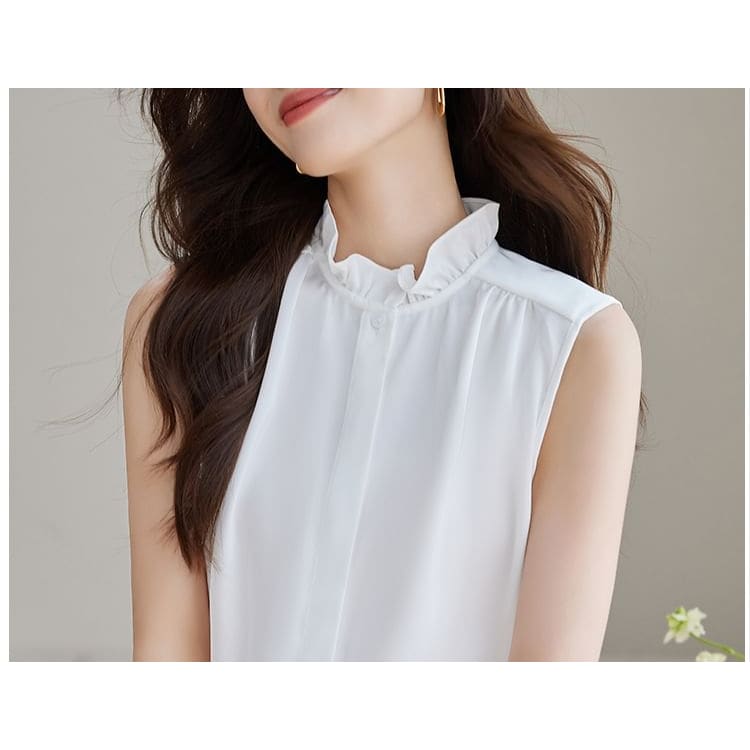 Ruffle Neck Sleeveless Plain Blouse Egirldoll