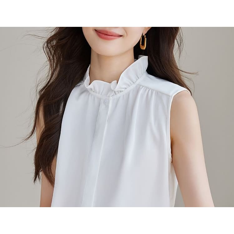 Ruffle Neck Sleeveless Plain Blouse Egirldoll