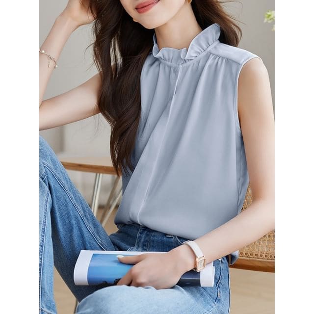 Ruffle Neck Sleeveless Plain Blouse Egirldoll