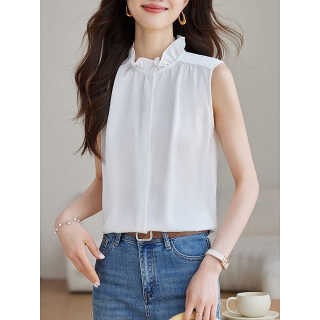 Ruffle Neck Sleeveless Plain Blouse Egirldoll