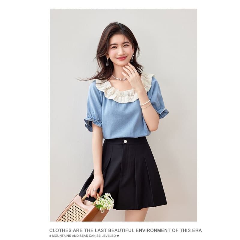 Ruffle Short Sleeve Scoop Neck Denim Top