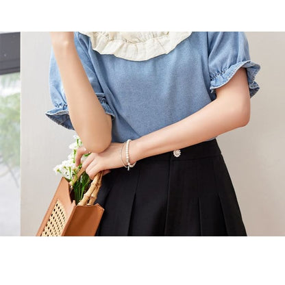 Ruffle Short Sleeve Scoop Neck Denim Top