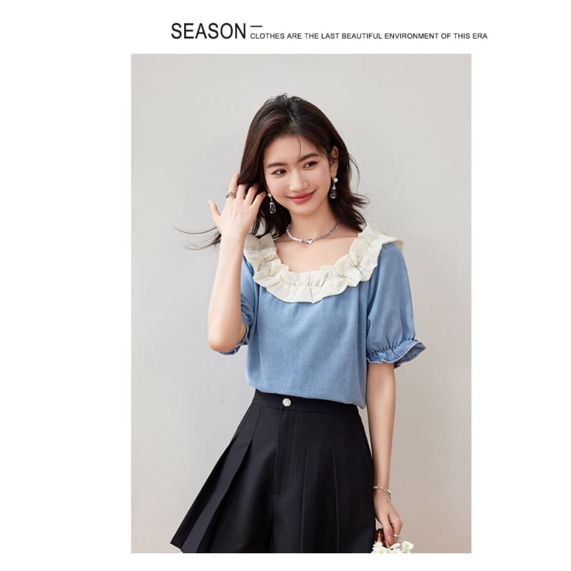 Ruffle Short Sleeve Scoop Neck Denim Top