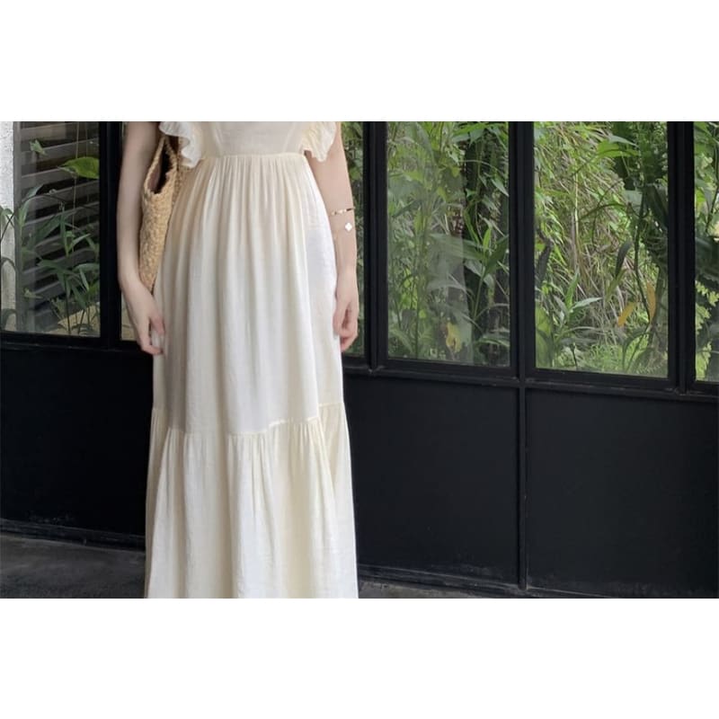 Ruffle Sleeveless Square Neck Plain Tie Back Maxi