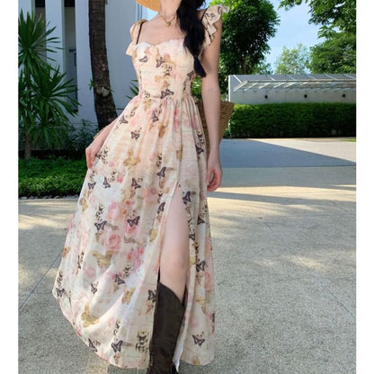 Ruffle Strap Floral Print Slit Midi Sundress