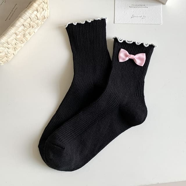 Ruffle Trim Bowknot Socks - Black & Pink / One Size