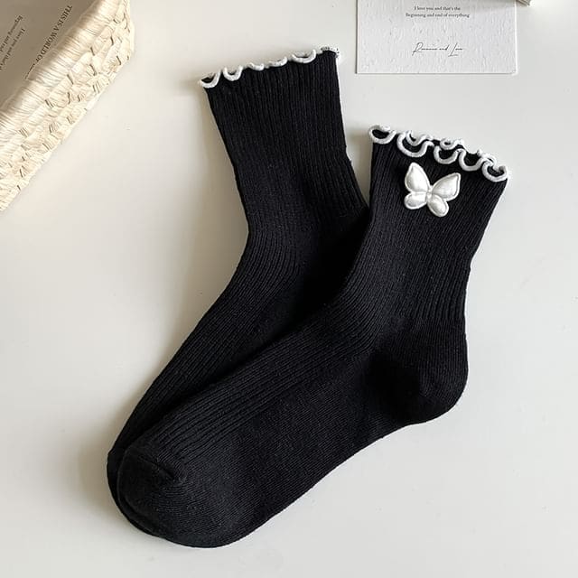 Ruffle Trim Bowknot Socks - Butterfly - Black & White