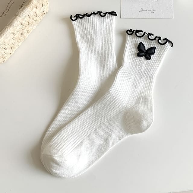 Ruffle Trim Bowknot Socks - Butterfly - White & Black