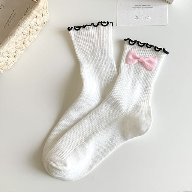 Ruffle Trim Bowknot Socks - White & Pink / One Size