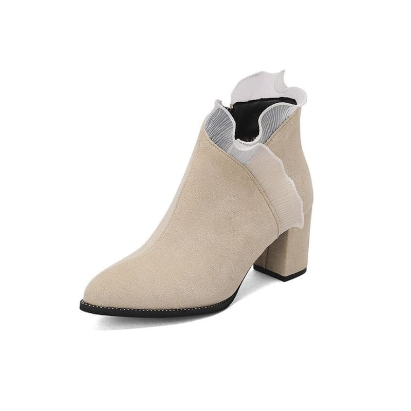 Ruffle Trim Chunky Heel Ankle Boots