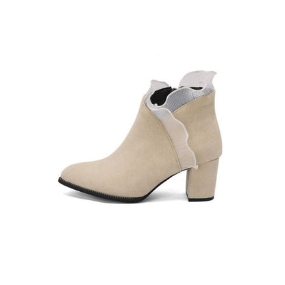 Ruffle Trim Chunky Heel Ankle Boots