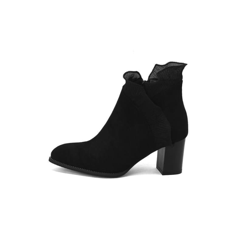 Ruffle Trim Chunky Heel Ankle Boots