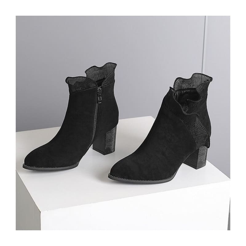 Ruffle Trim Chunky Heel Ankle Boots