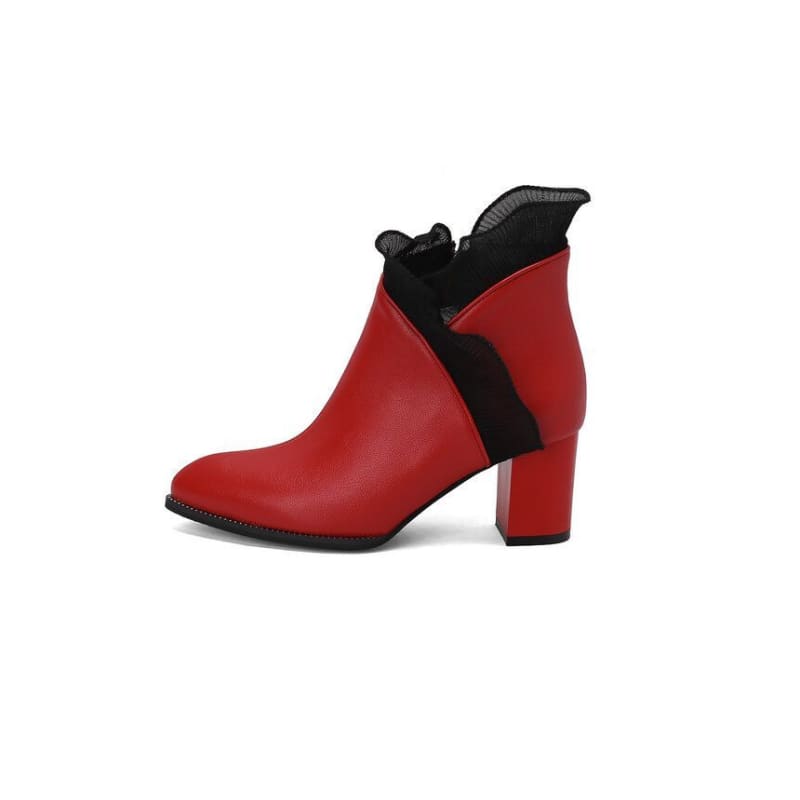 Ruffle Trim Chunky Heel Ankle Boots