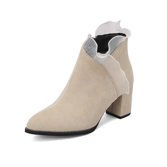 Ruffle Trim Chunky Heel Ankle Boots - Beige / 35