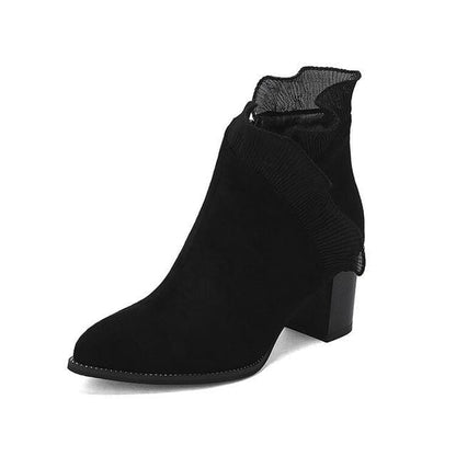 Ruffle Trim Chunky Heel Ankle Boots - Faux Suede - Black