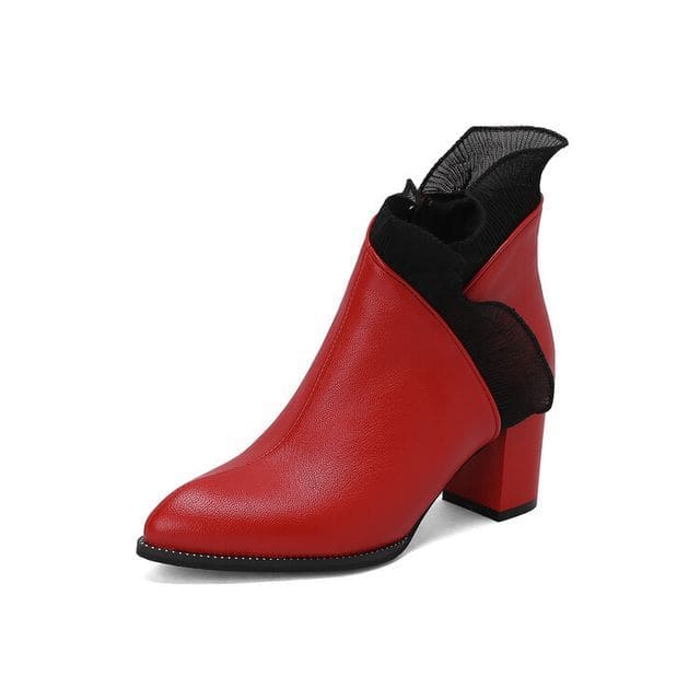 Ruffle Trim Chunky Heel Ankle Boots - Red / 35