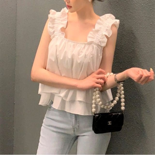 Ruffle Trim Plain Flowy Cami Top