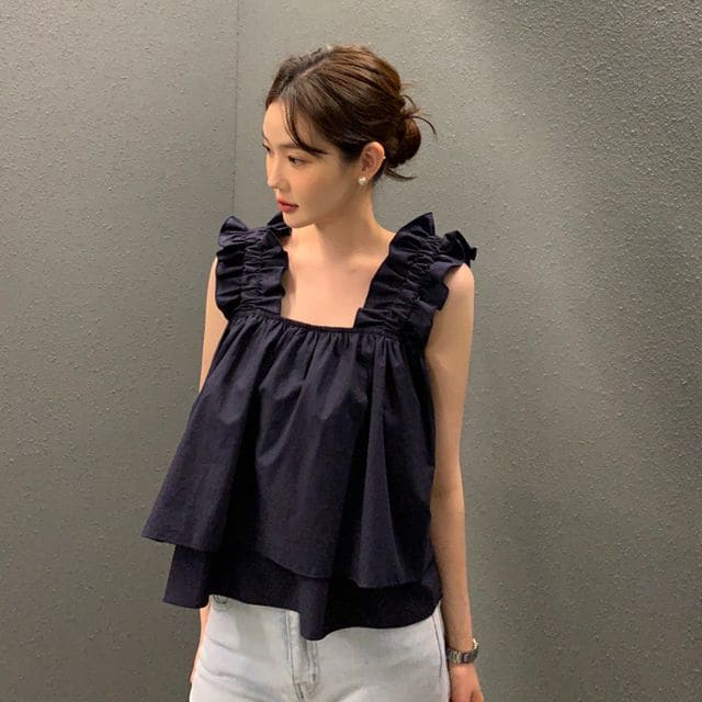 Ruffle Trim Plain Flowy Cami Top - Navy Blue / One Size