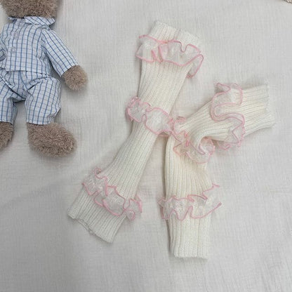 Ruffle Trim Ribbed Knit Leg Warmers - 1 Pair - Pink Trim