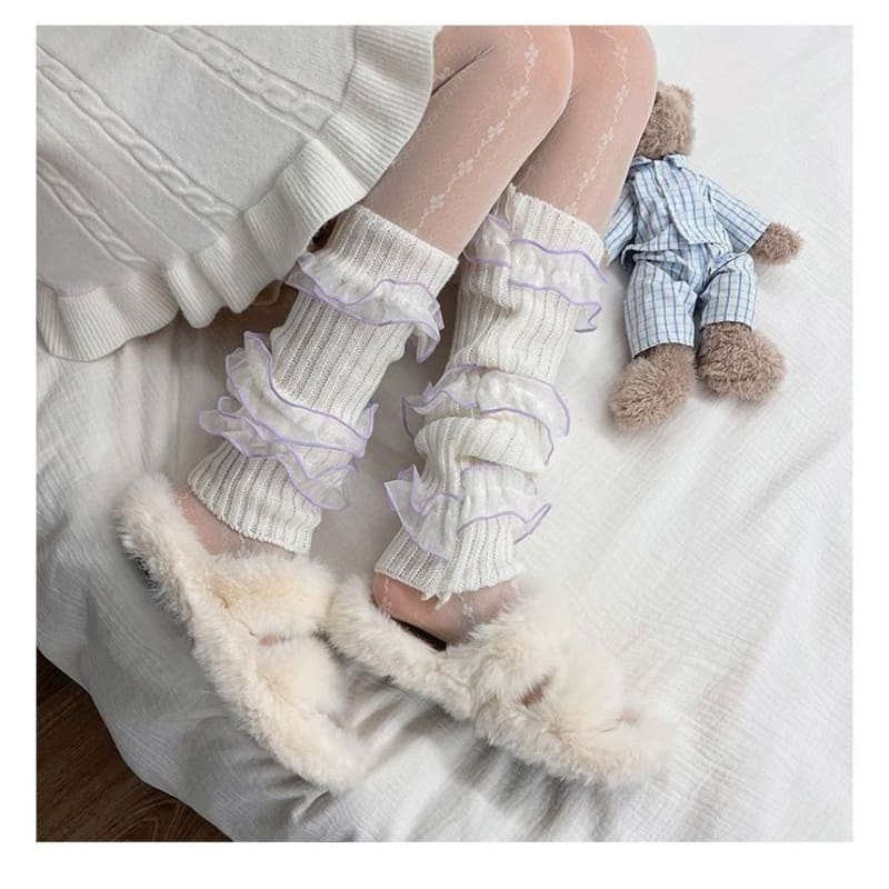 Ruffle Trim Ribbed Knit Leg Warmers