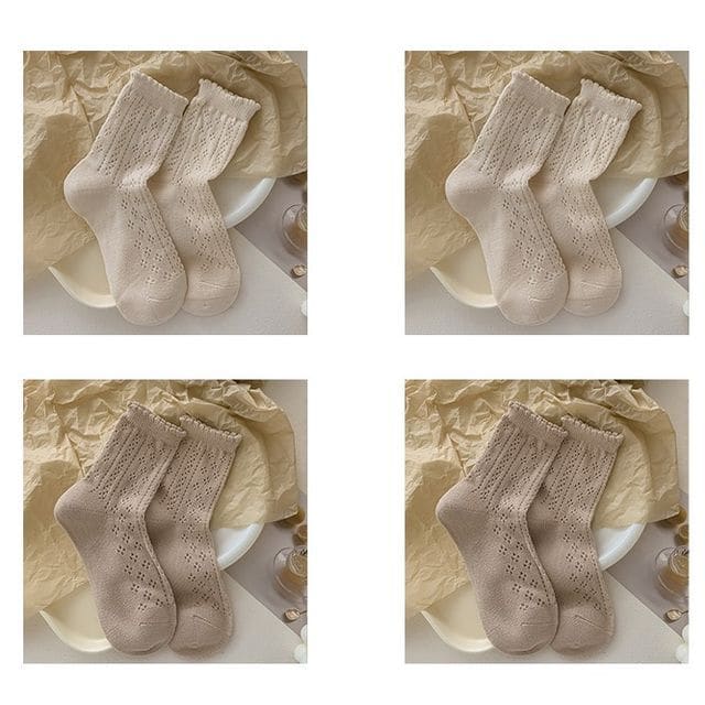 Ruffle Trim Socks Set - Set of 4 - 2 Pairs - Coffee & 2