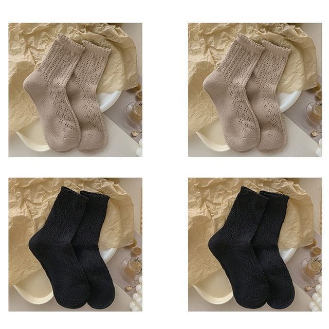 Ruffle Trim Socks Set - Set of 4 - 2 Pairs - Coffee & 2