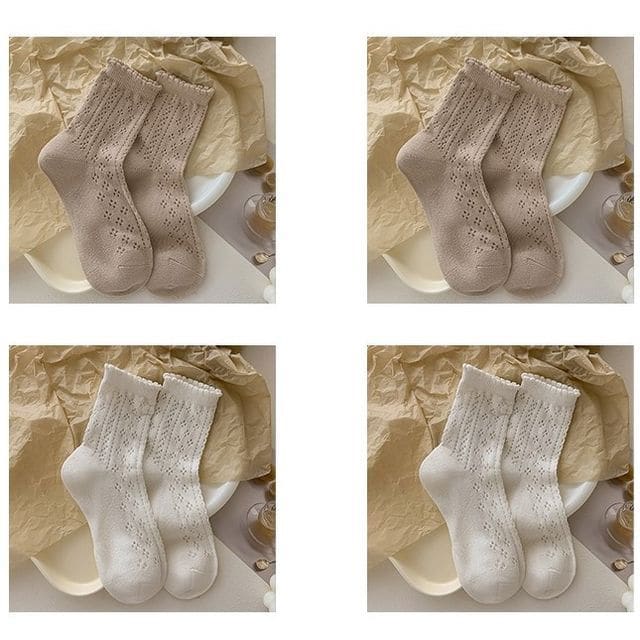 Ruffle Trim Socks Set - Set of 4 - 2 Pairs - Coffee & 2