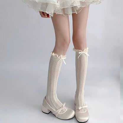 Ruffle Trimmed Knee High Socks Set - Set Of 2 Pairs - Beige