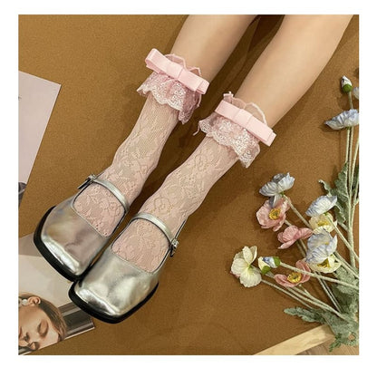 Ruffled Bow Tall Lace Socks