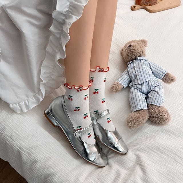 Ruffled Cherry Printed Socks - Black / One Size