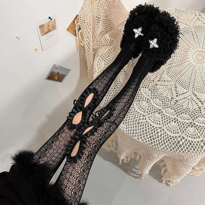 Ruffled Cutout Lace Stockings - Black / One Size