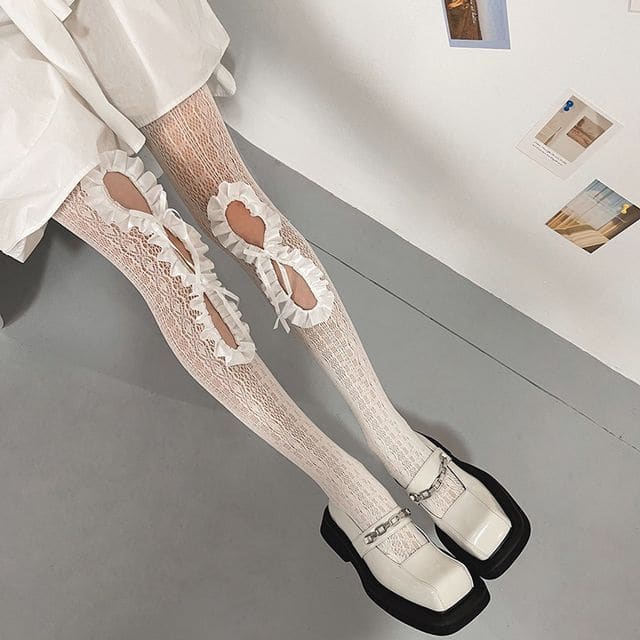 Ruffled Cutout Lace Stockings - White / One Size