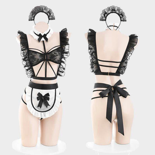 Ruffled Hollow Out Lace Up Apron Maid Lingerie Stockings