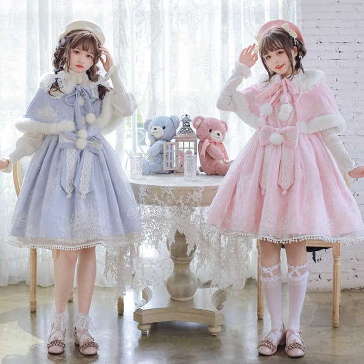 S/M Pink/Blue Kawaii Snow Fluffy Princess Dress and Cloak KawaiiMoriStore S/M Pink/Blue Kawaii Snow Fluffy Princess Dress and Cloak KawaiiMoriStore
