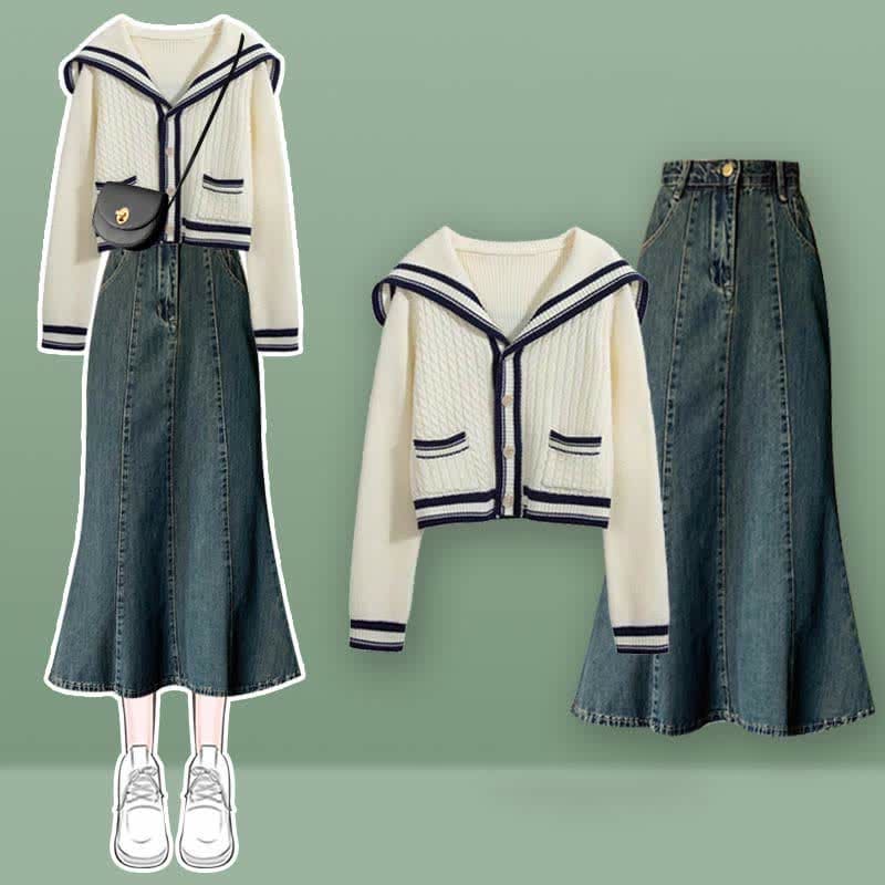 Sailor Collar Cable Sweater Slip Dress Denim Skirt - Blue