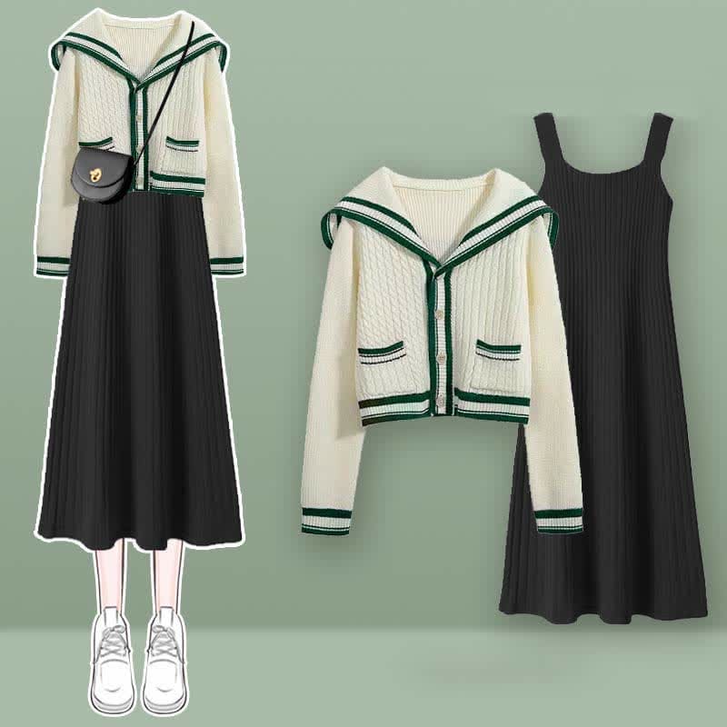 Sailor Collar Cable Sweater Slip Dress Denim Skirt - Green