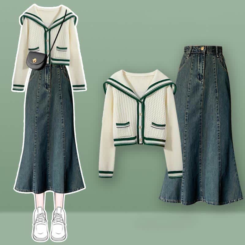 Sailor Collar Cable Sweater Slip Dress Denim Skirt - Green