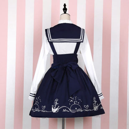 Sailor Collar Shirt Cartoon Dolphin Print Suspender Skirt