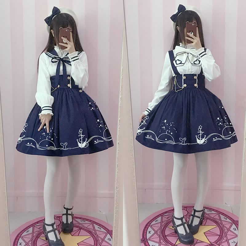 Sailor Collar Shirt Cartoon Dolphin Print Suspender Skirt