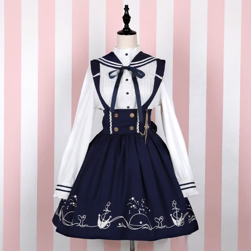 Sailor Collar Shirt Cartoon Dolphin Print Suspender Skirt