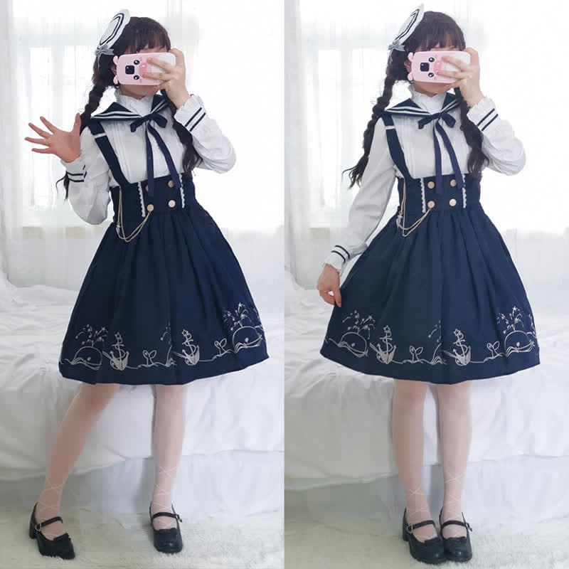 Sailor Collar Shirt Cartoon Dolphin Print Suspender Skirt