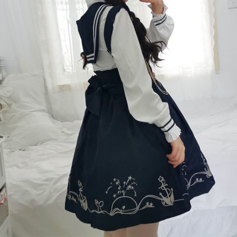 Sailor Collar Shirt Cartoon Dolphin Print Suspender Skirt