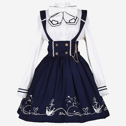 Sailor Collar Shirt Cartoon Dolphin Print Suspender Skirt