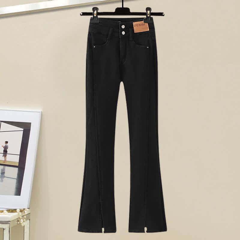 Sailor Collar Sweater High Waist Denim Pants - Black Pants