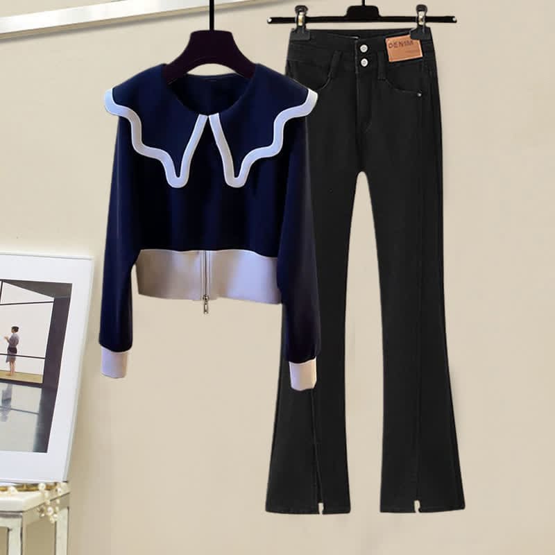 Sailor Collar Sweater High Waist Denim Pants - Purlish Blue