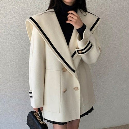 Sailor Collar Woolen Blends Coat Double Breasted Big