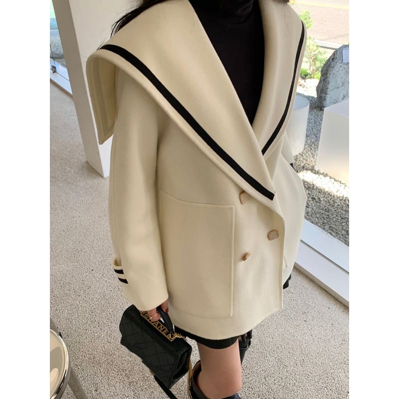 Sailor Collar Woolen Blends Coat Double Breasted Big