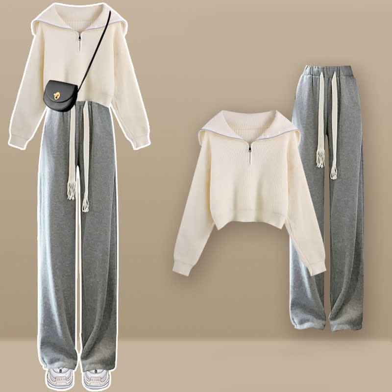 Sailor Collar Zipper Sweater Casual Pants Set