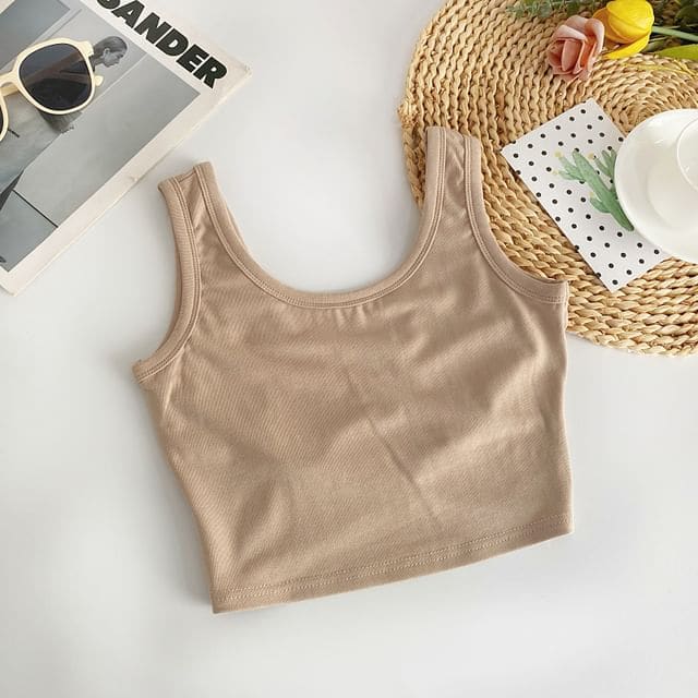 Scoop Neck Plain Crop Tank Top - Almond / One Size